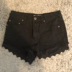 Free People Black Lace Trim Denim Shorts